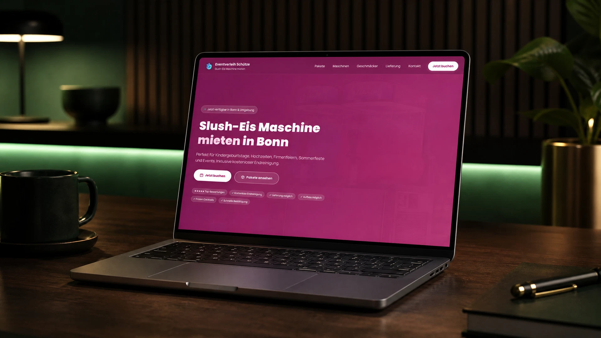 Eingeschalteter Laptop mit der Original-Startseite von Eventverleih-Bonn